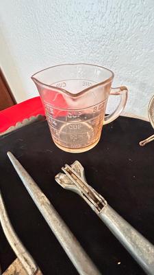 PINK DEPRESSION GLASS LIQUID MEASURING CUP, FORD CO-OPERATIVE TONGS, BOTTLE OPENERS AND MORE