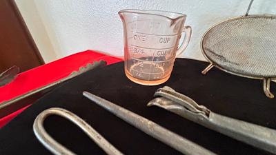 PINK DEPRESSION GLASS LIQUID MEASURING CUP, FORD CO-OPERATIVE TONGS, BOTTLE OPENERS AND MORE