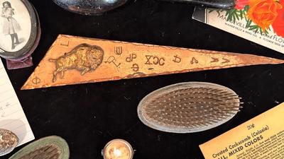 OLD SEED PACK, FLOWER FROGS, ROCK FORMATION CLUSTERS FROM 1952, PEACE PIPE SOUVENIR AND MORE