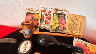 OLD SEED PACK, FLOWER FROGS, ROCK FORMATION CLUSTERS FROM 1952, PEACE PIPE SOUVENIR AND MORE