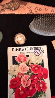 OLD SEED PACK, FLOWER FROGS, ROCK FORMATION CLUSTERS FROM 1952, PEACE PIPE SOUVENIR AND MORE