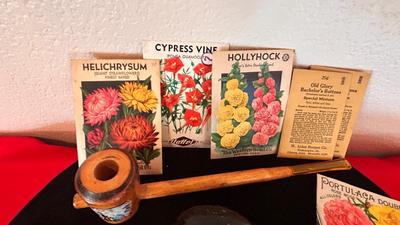 OLD SEED PACK, FLOWER FROGS, ROCK FORMATION CLUSTERS FROM 1952, PEACE PIPE SOUVENIR AND MORE