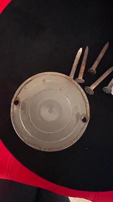 ANTIQUE RAILROAD DATE NAILS AND A GLASS MARBLE REFLECTOR