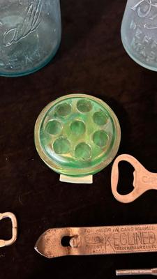 OLD BLUE BALL CANNING JARS, GREEN FLOWER FROG, AND A VARIETY OF BOTTLE OPENERS