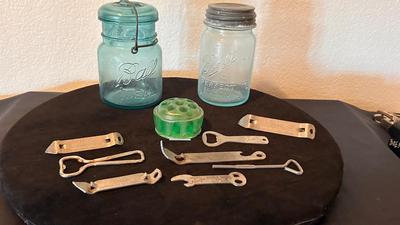 OLD BLUE BALL CANNING JARS, GREEN FLOWER FROG, AND A VARIETY OF BOTTLE OPENERS