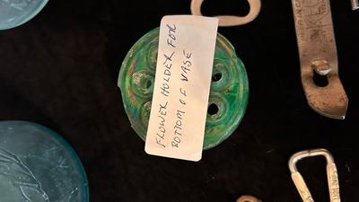 OLD BLUE BALL CANNING JARS, GREEN FLOWER FROG, AND A VARIETY OF BOTTLE OPENERS