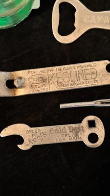 OLD BLUE BALL CANNING JARS, GREEN FLOWER FROG, AND A VARIETY OF BOTTLE OPENERS