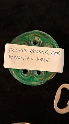 OLD BLUE BALL CANNING JARS, GREEN FLOWER FROG, AND A VARIETY OF BOTTLE OPENERS