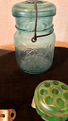 OLD BLUE BALL CANNING JARS, GREEN FLOWER FROG, AND A VARIETY OF BOTTLE OPENERS