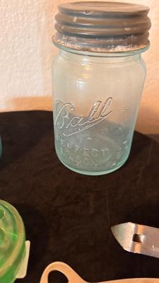 OLD BLUE BALL CANNING JARS, GREEN FLOWER FROG, AND A VARIETY OF BOTTLE OPENERS