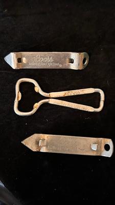 OLD BLUE BALL CANNING JARS, GREEN FLOWER FROG, AND A VARIETY OF BOTTLE OPENERS