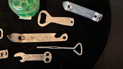 OLD BLUE BALL CANNING JARS, GREEN FLOWER FROG, AND A VARIETY OF BOTTLE OPENERS
