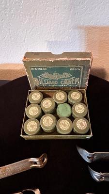 BOX OF VINTAGE BILLIARDS CHALKS, AND AN ASSORTMENT OF BOTTLE OPENERS