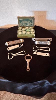 BOX OF VINTAGE BILLIARDS CHALKS, AND AN ASSORTMENT OF BOTTLE OPENERS