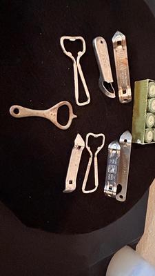 BOX OF VINTAGE BILLIARDS CHALKS, AND AN ASSORTMENT OF BOTTLE OPENERS