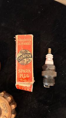 FORD MODEL T HUB CAP, HEAVY BRASS 1-1:/2 CAP, AND A 7/8” SPARK PLUG