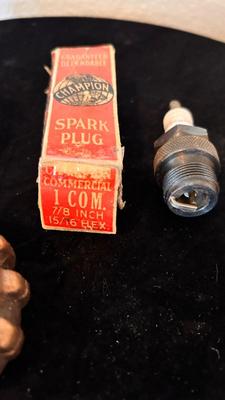 FORD MODEL T HUB CAP, HEAVY BRASS 1-1:/2 CAP, AND A 7/8” SPARK PLUG