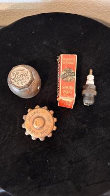 FORD MODEL T HUB CAP, HEAVY BRASS 1-1:/2 CAP, AND A 7/8” SPARK PLUG