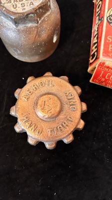 FORD MODEL T HUB CAP, HEAVY BRASS 1-1:/2 CAP, AND A 7/8” SPARK PLUG