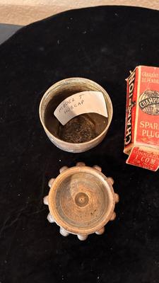 FORD MODEL T HUB CAP, HEAVY BRASS 1-1:/2 CAP, AND A 7/8” SPARK PLUG