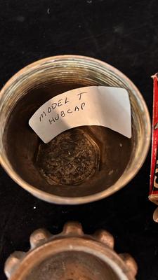 FORD MODEL T HUB CAP, HEAVY BRASS 1-1:/2 CAP, AND A 7/8” SPARK PLUG