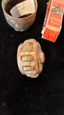 FORD MODEL T HUB CAP, HEAVY BRASS 1-1:/2 CAP, AND A 7/8” SPARK PLUG