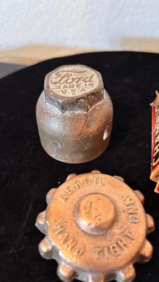 FORD MODEL T HUB CAP, HEAVY BRASS 1-1:/2 CAP, AND A 7/8” SPARK PLUG