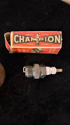FORD MODEL T HUB CAP, HEAVY BRASS 1-1:/2 CAP, AND A 7/8” SPARK PLUG