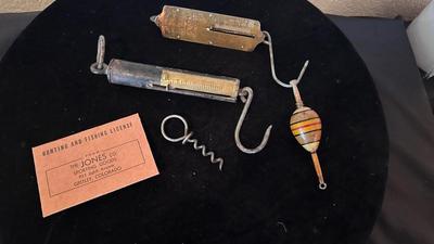 OLD HANGING SCALES AND WOODEN BOBBER