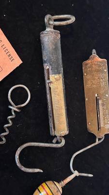 OLD HANGING SCALES AND WOODEN BOBBER