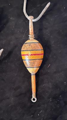 OLD HANGING SCALES AND WOODEN BOBBER