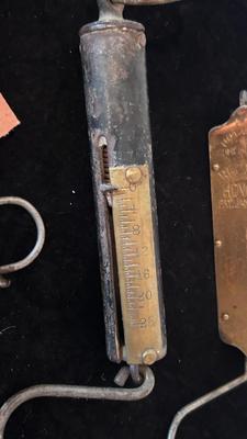 OLD HANGING SCALES AND WOODEN BOBBER
