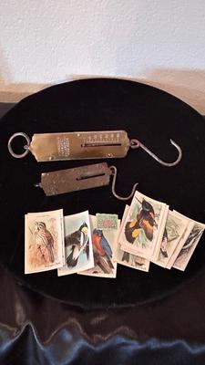 OLD HANGING SCALES AND ARM AND HAMMER BIRD OF AMERICA CARDS