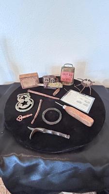 ANTIQUE CALF WEENING NOSE PIECE, COPPER ALLOY TUDOR BUCKLE /HARNESS PIECE AND OTHER LIKE ITEMS