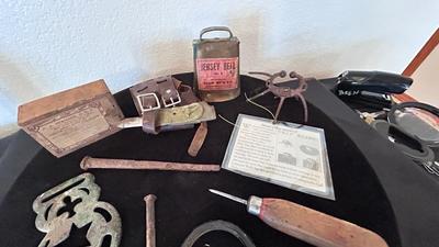 ANTIQUE CALF WEENING NOSE PIECE, COPPER ALLOY TUDOR BUCKLE /HARNESS PIECE AND OTHER LIKE ITEMS