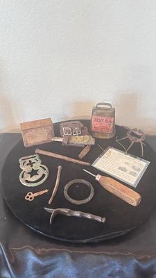 ANTIQUE CALF WEENING NOSE PIECE, COPPER ALLOY TUDOR BUCKLE /HARNESS PIECE AND OTHER LIKE ITEMS