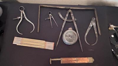 OLD MEASURING TOOLS AND CHALK LINE