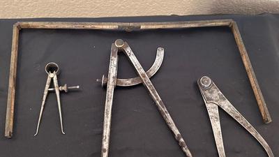 OLD MEASURING TOOLS AND CHALK LINE