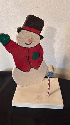 1949 SANTA CLAUSE BANK BINGO WINNER PRIZE AND WOODEN SNOWMAN