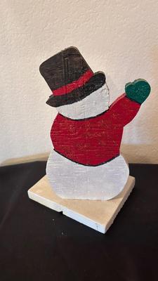 1949 SANTA CLAUSE BANK BINGO WINNER PRIZE AND WOODEN SNOWMAN