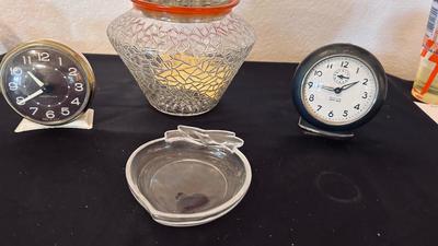 SWEET PEA FLOWER VASE, WESTCLOX BABY BEN AND WESTCLOX ALARM CLOCKS