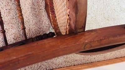 VERY UNIQUE DUAL FACE CLOCK, AND ANTIQUE CANE SEAT CHAIR