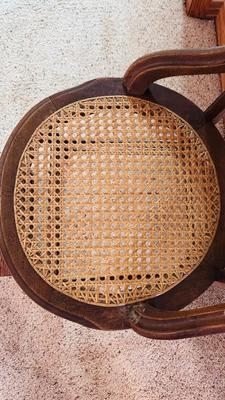 VERY UNIQUE DUAL FACE CLOCK, AND ANTIQUE CANE SEAT CHAIR