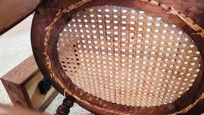 VERY UNIQUE DUAL FACE CLOCK, AND ANTIQUE CANE SEAT CHAIR