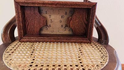 VERY UNIQUE DUAL FACE CLOCK, AND ANTIQUE CANE SEAT CHAIR
