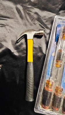 NEW SCREWDRIVER SET, HAMMER AND TAPE MEASURE