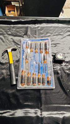 NEW SCREWDRIVER SET, HAMMER AND TAPE MEASURE
