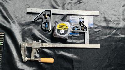 LIKE NEW EMPIRE COMBINATION SQUARES, STANLEY TAPE MEASURE AND 16” CLAMP