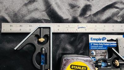 LIKE NEW EMPIRE COMBINATION SQUARES, STANLEY TAPE MEASURE AND 16” CLAMP