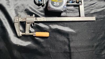 LIKE NEW EMPIRE COMBINATION SQUARES, STANLEY TAPE MEASURE AND 16” CLAMP